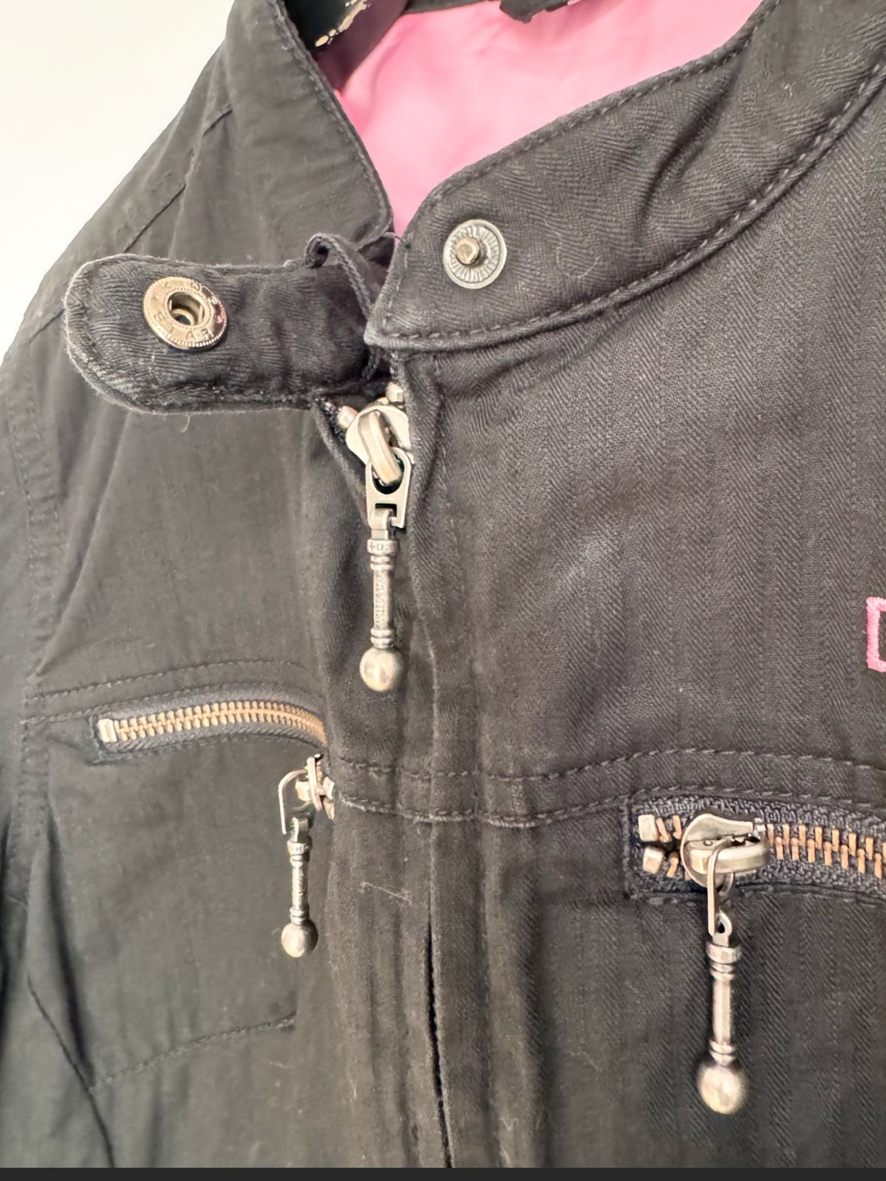 Harley-Davidson Black Cotton Side Lace Up Moto Jacket Pink Script Logo S - Picture 7 of 16